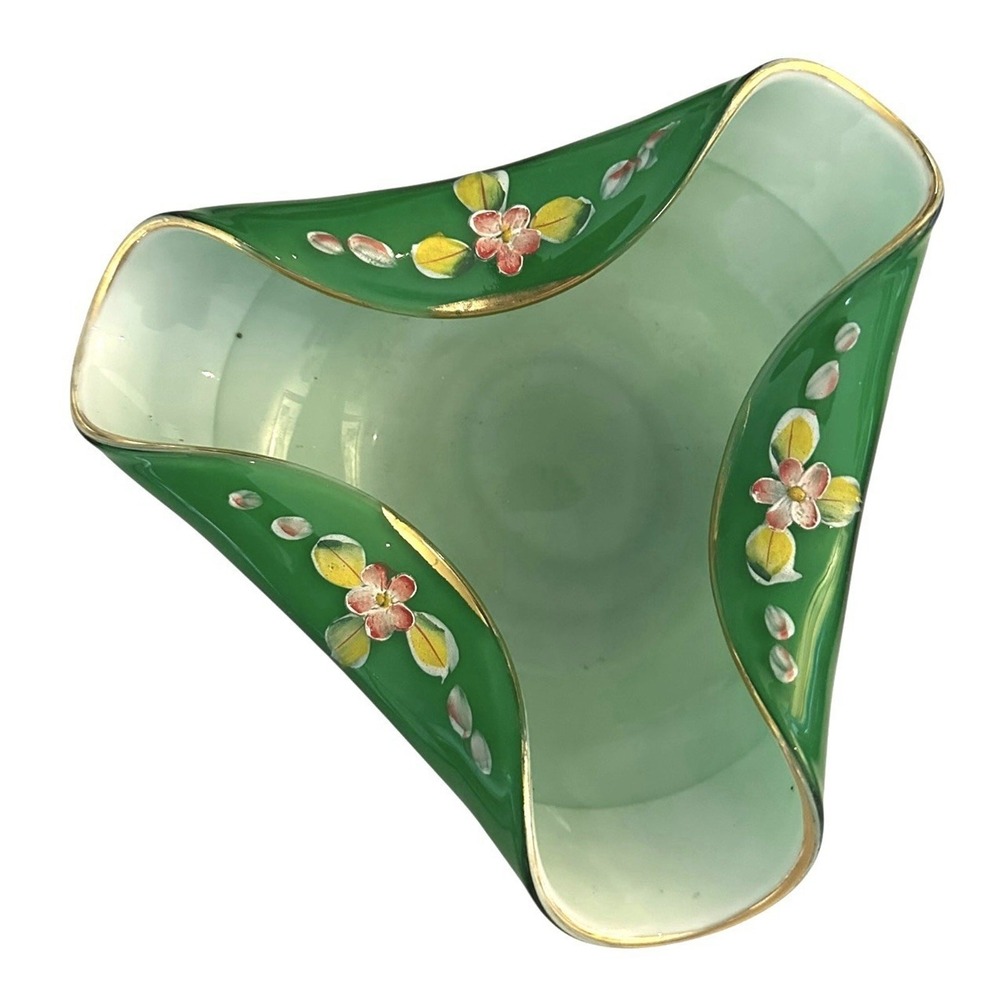 Japanese Trefuochi Mid Century Green Enameled Cased Glass Applied Flowers EUC
